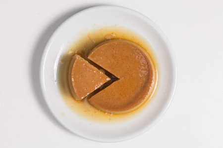 Cream caramel, flan, or caramel pudding with sweet syrup on a plate isolated on white background. Homemade custardの写真素材