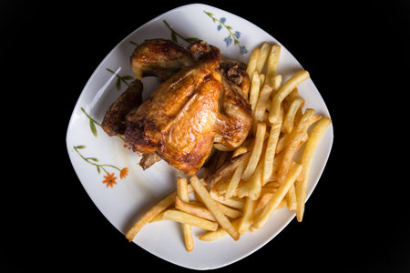 Grilled chicken with baked potato on a white plate.