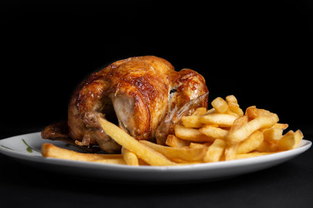 Grilled chicken with baked potato on a white plate.