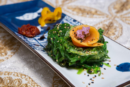 Traditional Japanese Chuka seaweed salad Hiyashi Wakame with nut sauceの写真素材