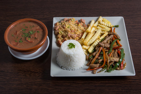 Combined dish with beef and vegetables, rice, salad and soupの写真素材