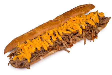 Long Baguette Sandwich with minced meat and cheese sauce on White Background Isolatedの写真素材