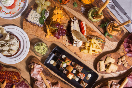 Set of appetizers fot cocteols or catering, top view.