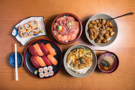 Top view Set of sushi and maki roll Japan foods on tableの写真素材