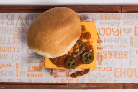 Fresh tasty burger on wooden board, fast foodの写真素材