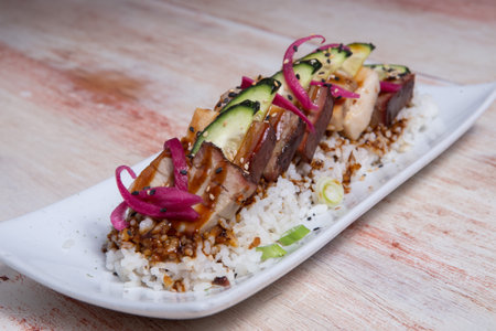 Filipino food called Chicken Tocino or cured chicken meat with riceの写真素材
