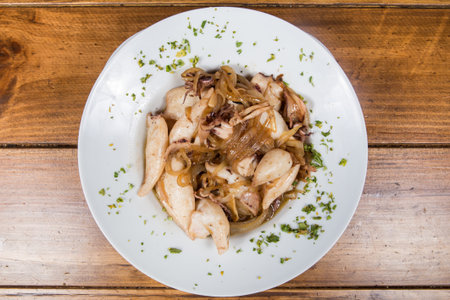 Plate of deep fried squids or Chipirones afogaos. Typical spanish food known as tapaの写真素材