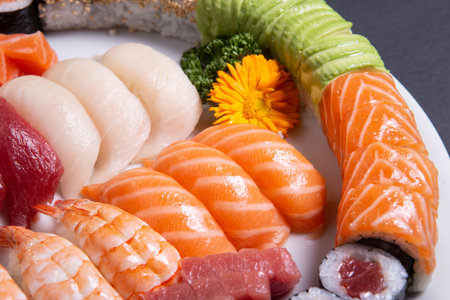 Variety of Delicious Nigiri Sushi Bento With California Rollの写真素材
