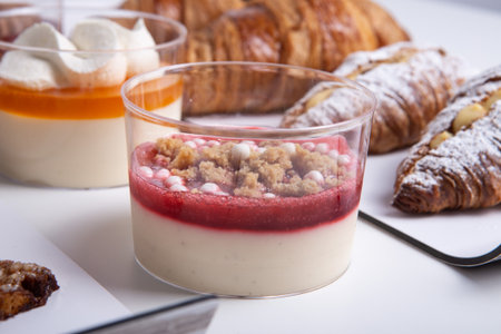 Mousse cold whipping cream with jam and fruit