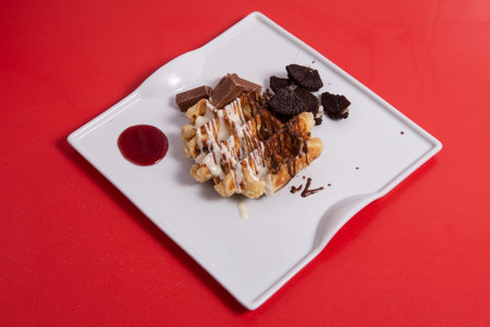 Delicious homemade gofre waffles for breakfast preparedの写真素材