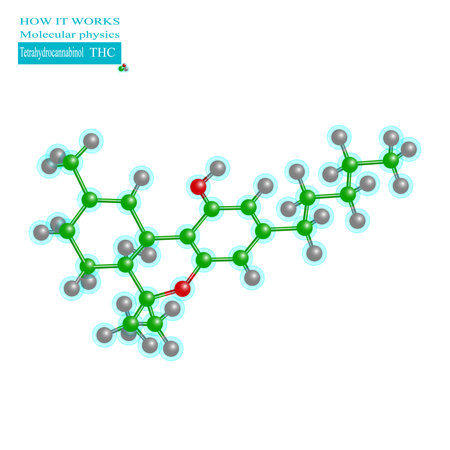 Molecular grid Tetrahydrocannabinol THC with multi-colored molecules.のイラスト素材