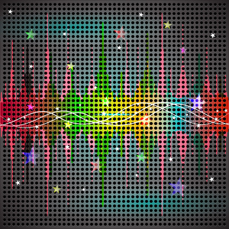 Abstract background a gray grid with round opening and graphic display of a sound.のイラスト素材