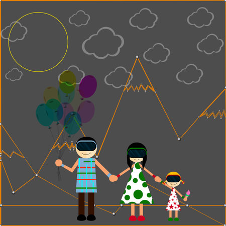 Close-knit family in the virtual world in helmets of virtual reality.のイラスト素材