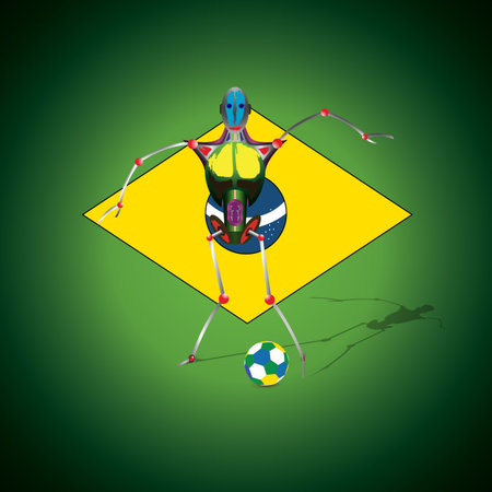 The FIFA World Cup, the robot with a soccer-ball a background of a flag of Brazil.のイラスト素材
