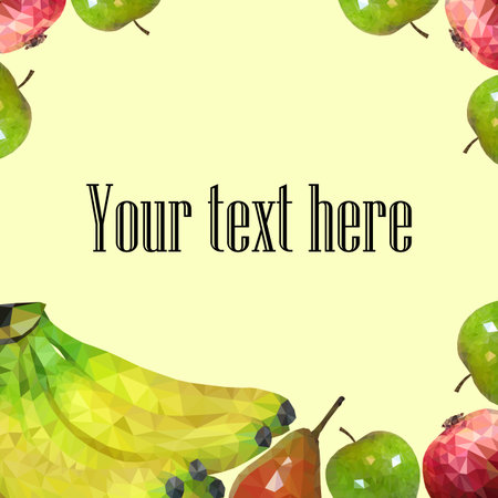Summer background with tropical fruits and berries and round frame for the text. Vector illustration.のイラスト素材