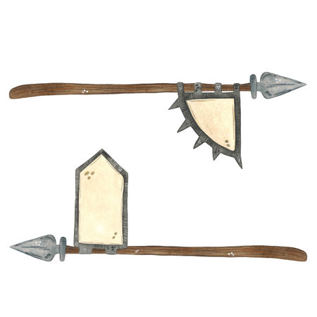 Spear with an old white flag with black edging on a white background