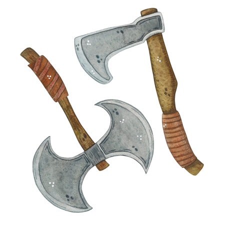 Set of two axes with wooden handle and leather trimの写真素材