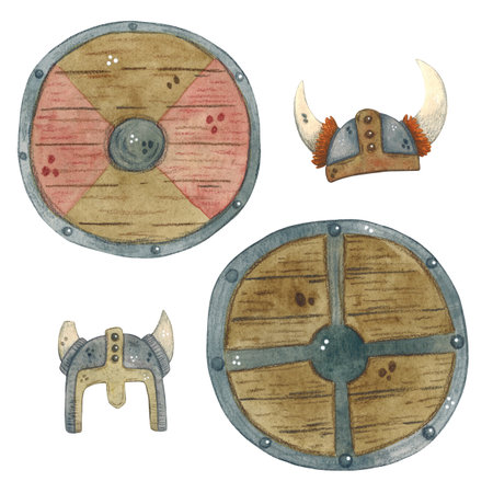 Set of two wooden helmets with hornsの写真素材