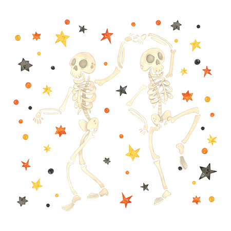Two funny dancing skeletons in a pair among orange and black stars and confettiの写真素材