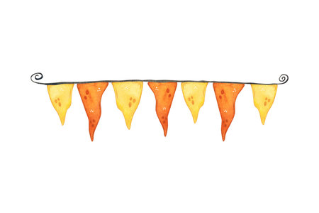 Garland of yellow and orange flags of the tegumentary shape on a black threadの写真素材