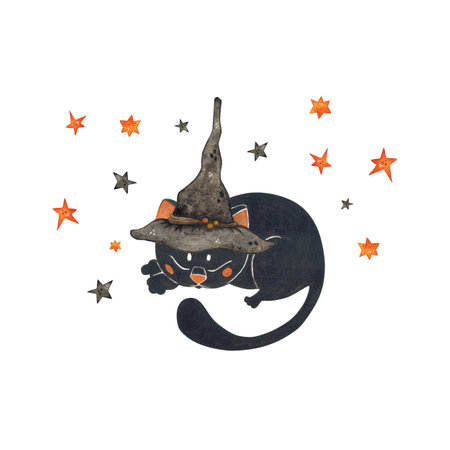 Sleeping black cat with witch hat on head surrounded by starsの写真素材