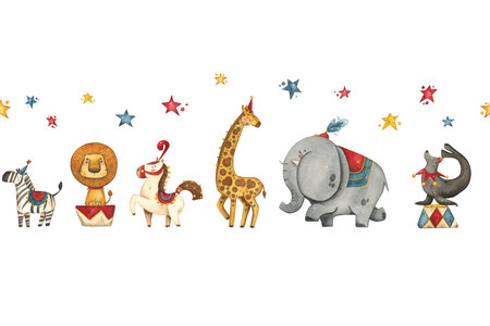 Bright, cheerful, childish seamless border with circus animalsの写真素材
