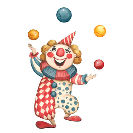 Circus clown juggles balls watercolor illustrationの写真素材