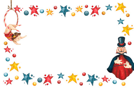 Rectangular frame with a circus gymnast and magician surrounded by stars and ballsの写真素材