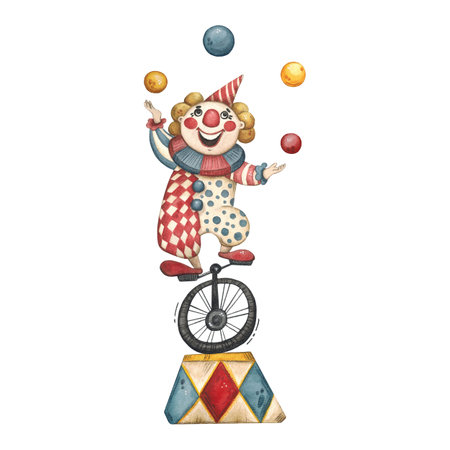 A clown on a unicycle juggles balls on a standの写真素材