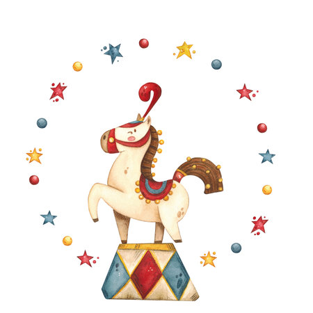 A circus horse in an elegant decoration stands on a stand surrounded by multi-colored starsの写真素材