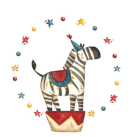 A circus zebra in an elegant decoration stands on a stand surrounded by multi-colored starsの写真素材