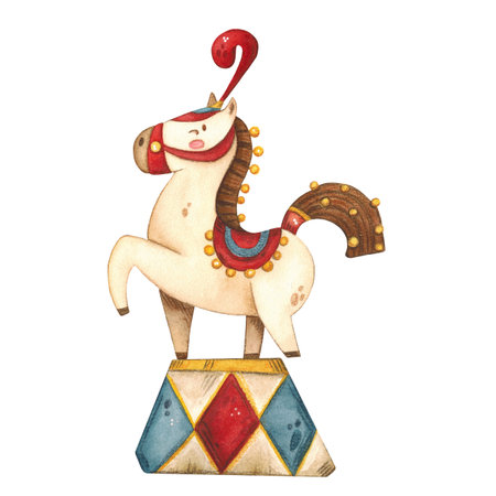 A cream horse in an elegant decoration stands on a circus standの写真素材