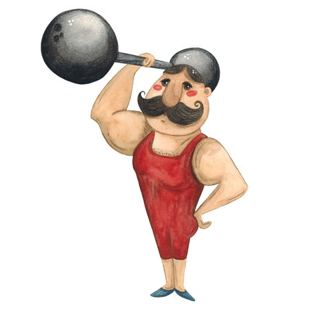 Circus strongman, a very strong man in a red retro swimsuit holds a heavy barbellの写真素材