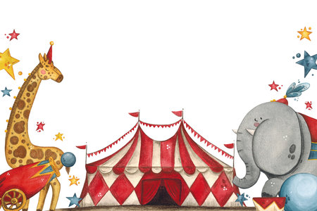 Composition of a circus elephant, giraffe, tent, cannon, stars, ballsの写真素材