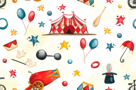 Seamless pattern with circus items among colored stars and ballsの写真素材
