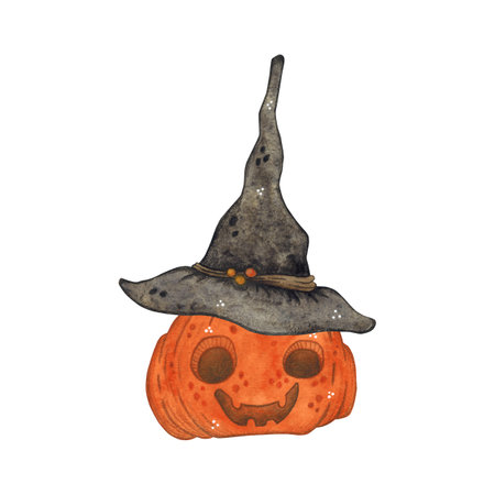 Funny pumpkin in a witch hat, Halloweenの写真素材