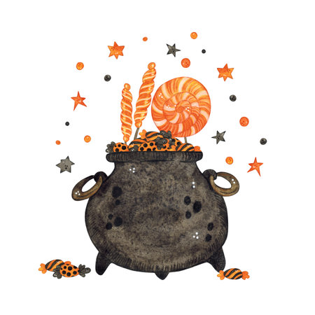 Witchs cauldron full of sweets, a treat for Halloweenの写真素材