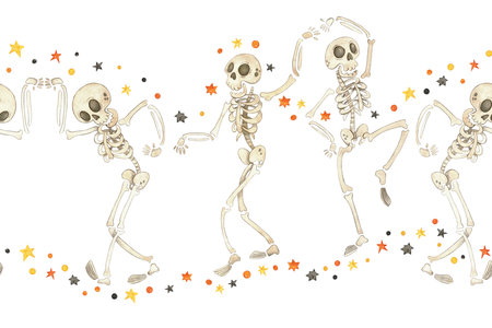 Seamless border with dancing skeletons among black and orange starsの写真素材