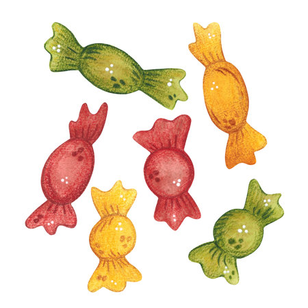 Watercolor illustration set of colorful candiesの写真素材