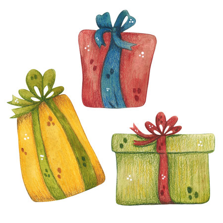 Watercolor set of gift boxes with ribbonsの写真素材
