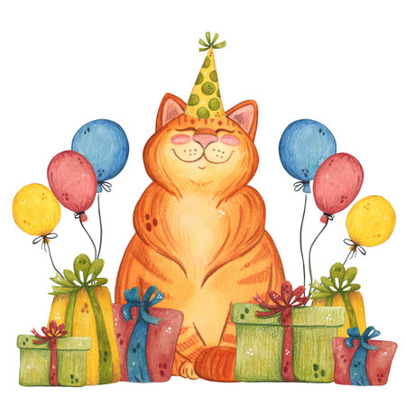 A ginger cat in a festive cap sits among gifts and balloonsの写真素材