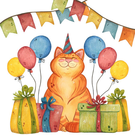 A ginger cat in a festive cap sits among gifts and garlands of flagsの写真素材