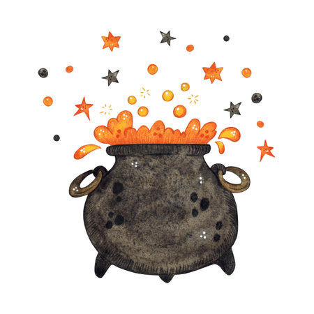 Witchs cauldron filled with boiling potion surrounded by stars and bubbles, Halloweenの写真素材