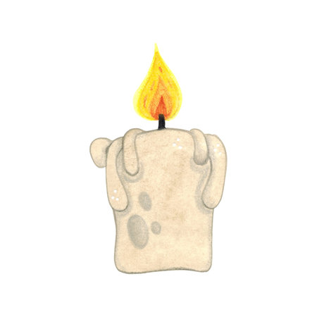 Small candle with burning fire, halloween decoration. Cartoon watercolor illustration hand drawn, cartoon. Drawing for stickers, scrapbooking. Candle, stub, light, wax, flame, fire, halloweenの写真素材