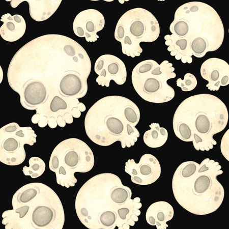 Seamless pattern with skulls of different shapes on a black backgroundの写真素材