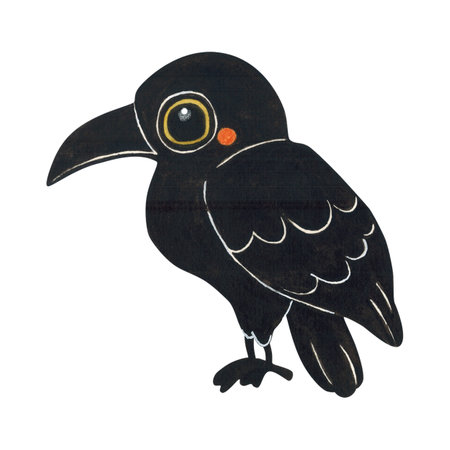 Black Raven Sitting in Profile for Halloween. Cartoon Watercolor Illustration Hand Drawn, Cartoon. Design for Stickers, Scrapbooking. Animals, Bird, Black, Crow, Raven, Halloween, Holiday, Decorationの写真素材