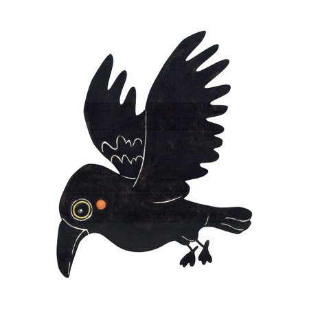 Flying black raven halloween decoration. Cartoon watercolor illustration hand drawn, cartoon. Drawing for stickers, scrapbooking. Animals, bird, black, crow, raven, halloween, holiday, decorationの写真素材
