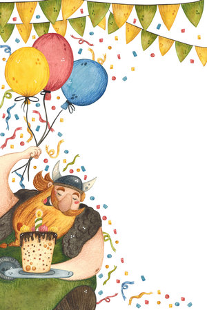 Happy birthday card with viking, cake, confetti and garlandの写真素材