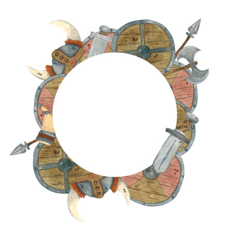 Round frame of shields, swords, spears, axes and Viking helmetsの写真素材