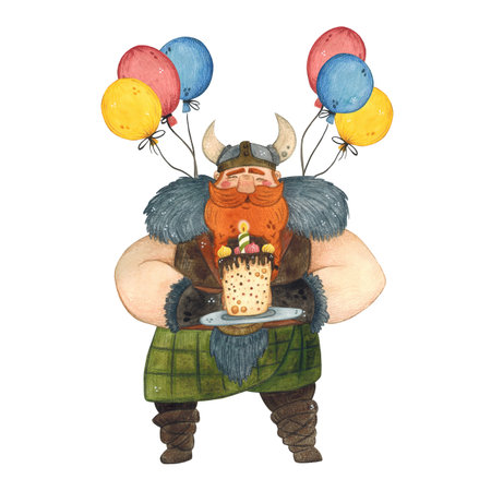 Watercolor illustration of a Viking with a cake and balloonsの写真素材
